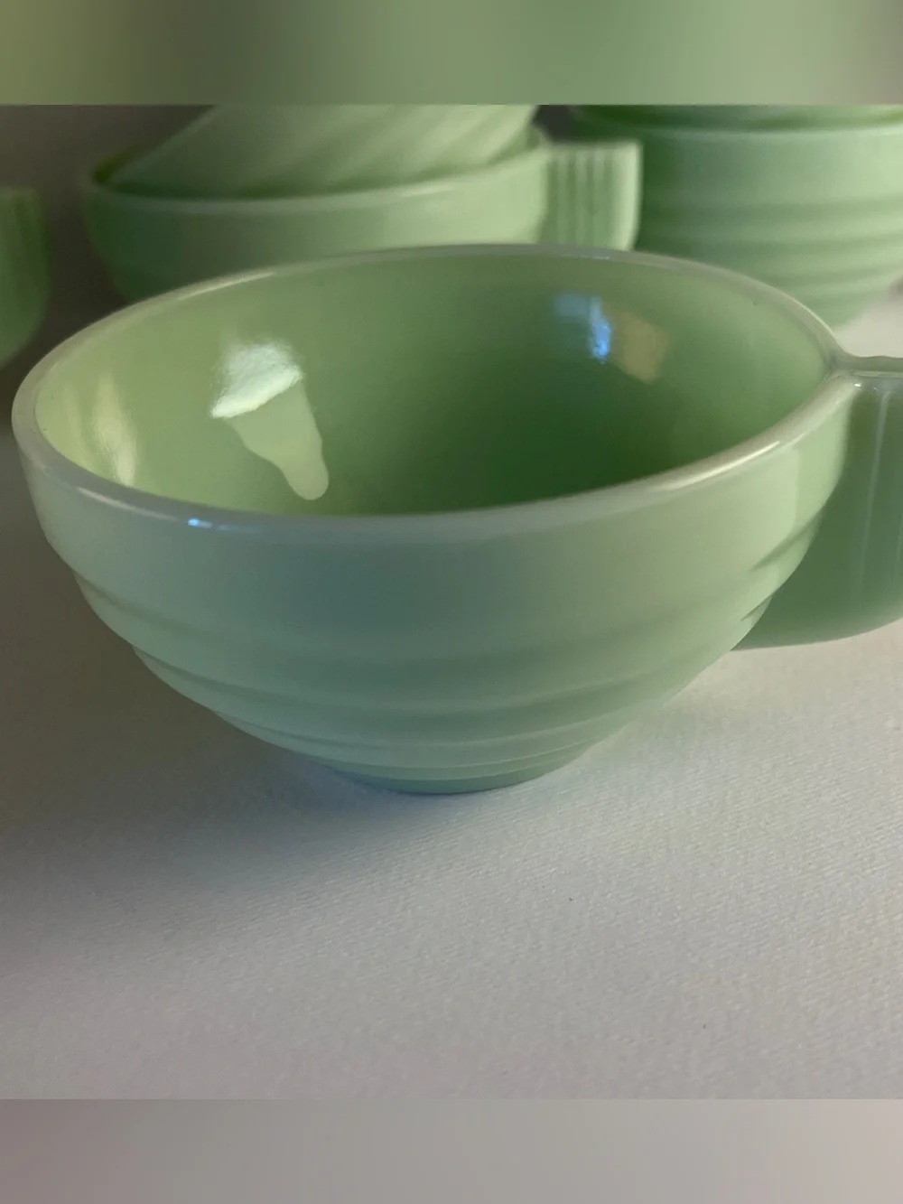Vintage Jadeite Cup Set 7 Art Deco Style Ribbed Milk Glass Coffee Cups - FRANCE